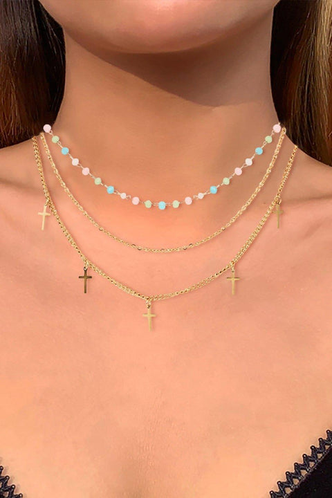 18K Gold Plated Cross Pendant Triple-Layered Necklace - Lord of LordsJewelry