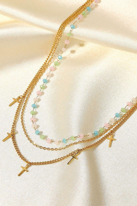 18K Gold Plated Cross Pendant Triple-Layered Necklace - Lord of LordsJewelry